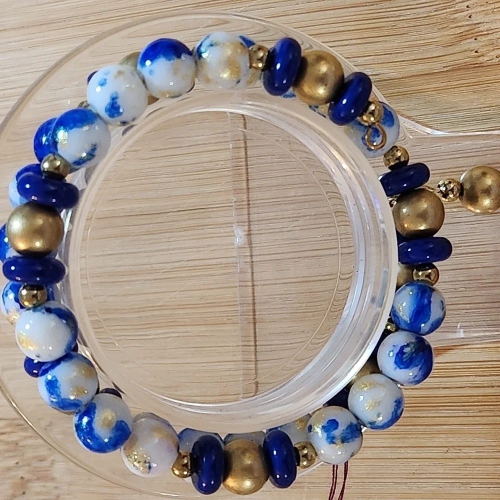 Hand Crafted Memory Wire Wrap Bracelet Royal Blue Gold White Small/Medium